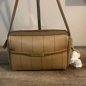 Liz Claiborne Vintage Tan Logo Shoulder Bag 80’s-90’s Crochet Bag Charm 8.5x6